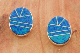 Navajo Artist Calvin Begay Blue Opal Sterling Silver Post Earrings